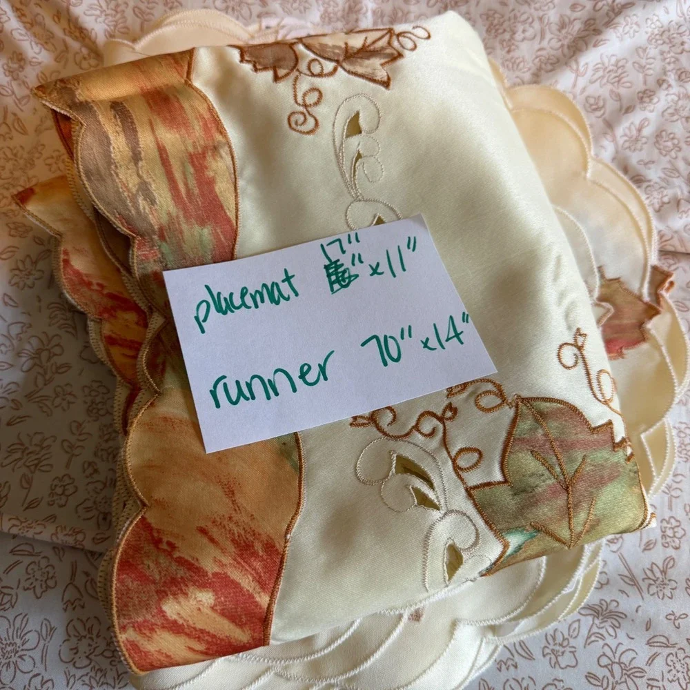 Fall Autumn Maple Leaf Table Runner and 8 Placemats Set Embroidered Cutout Cream